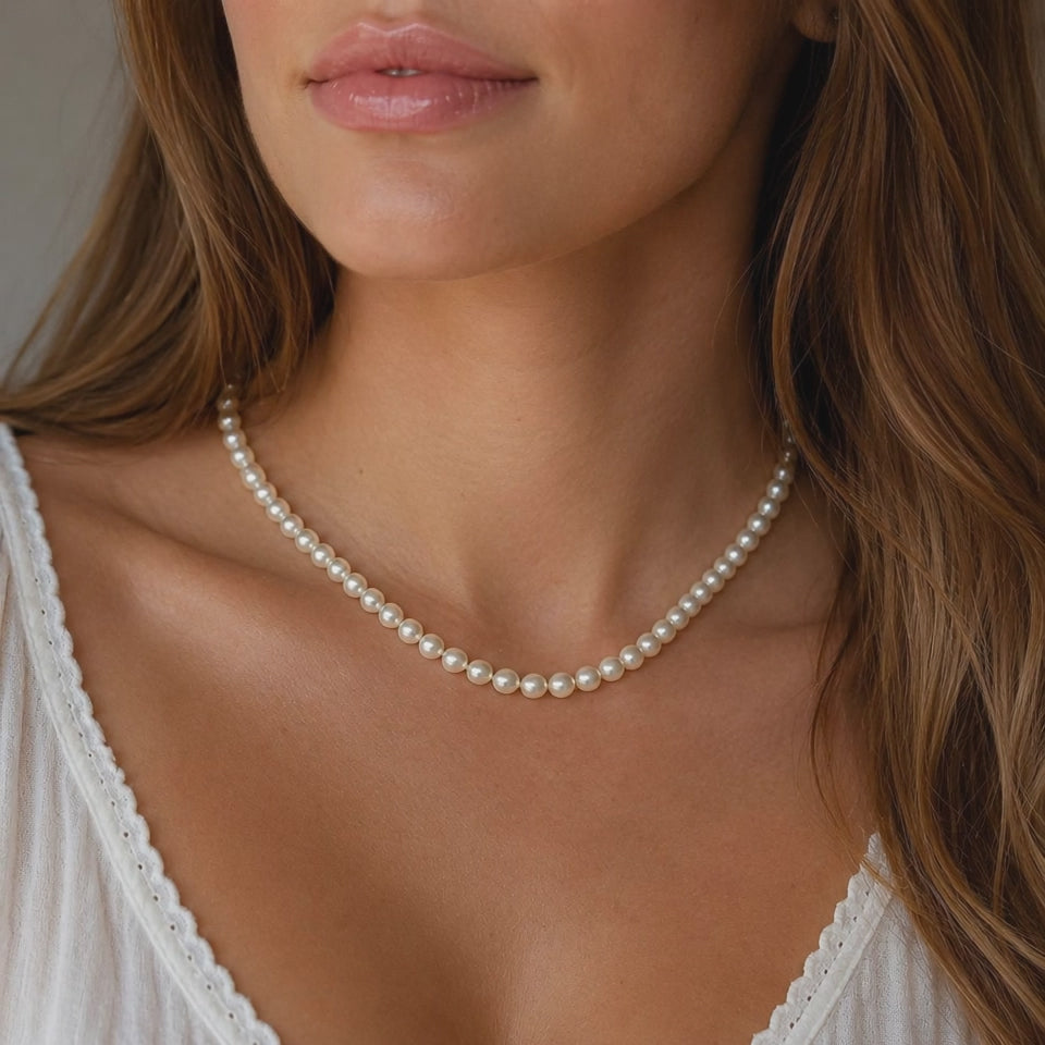Vintage Akoya Pearl Necklace 6.5mm 14K White Gold Diamond Floral Clasp 15.5"