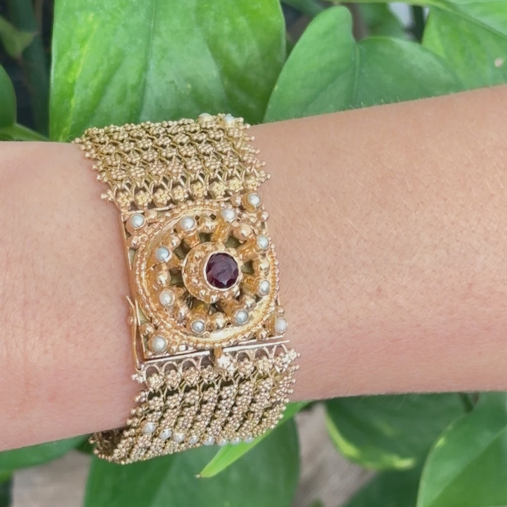 Spritzer & Fuhrmann Garnet Seed Pearl Wide Mesh Bracelet 18K Gold 72.9g Vintage
