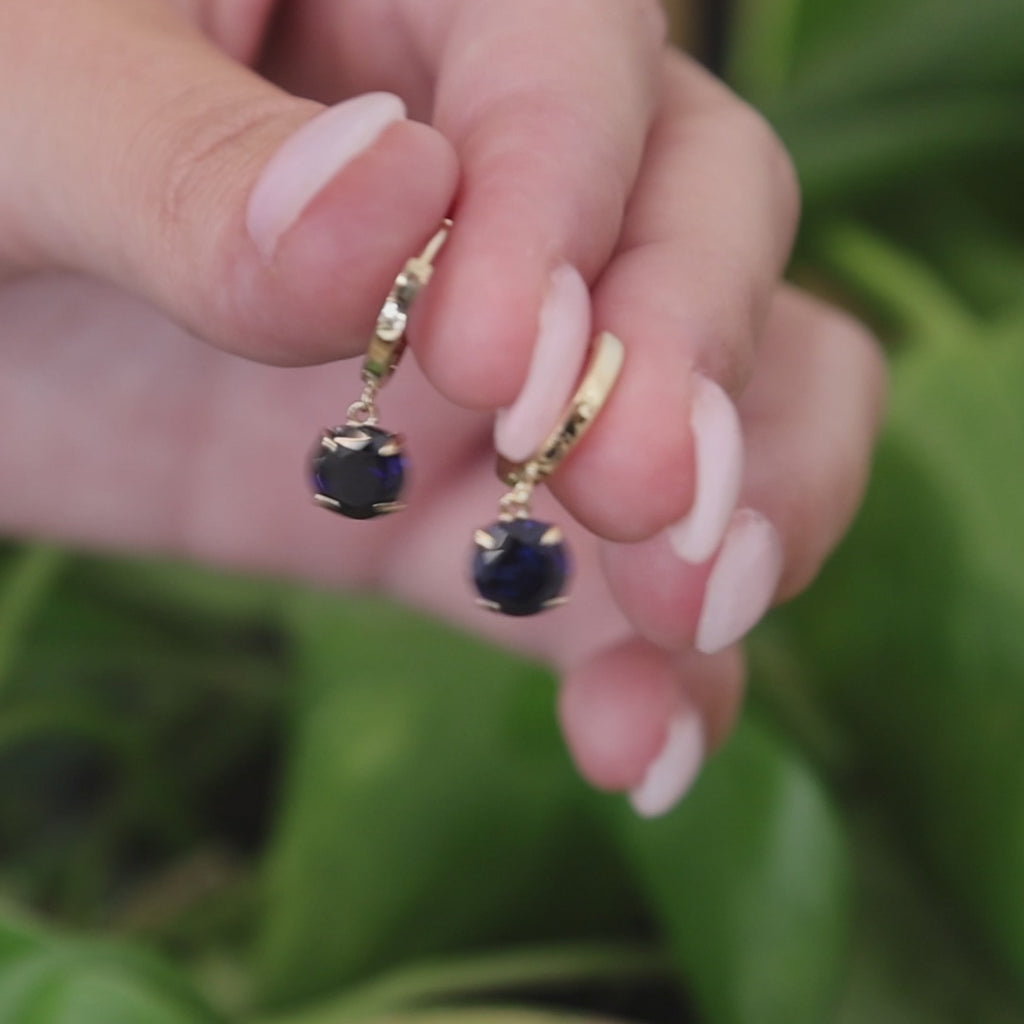 14K Yellow Gold 2.40ct Round Lab Blue Sapphire Dangle Huggie Hoop Earrings