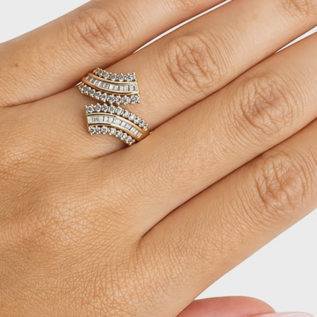 10K Two Tone Gold 0.65 CTW Natural Diamond Baguette Crossover Ring Size 7