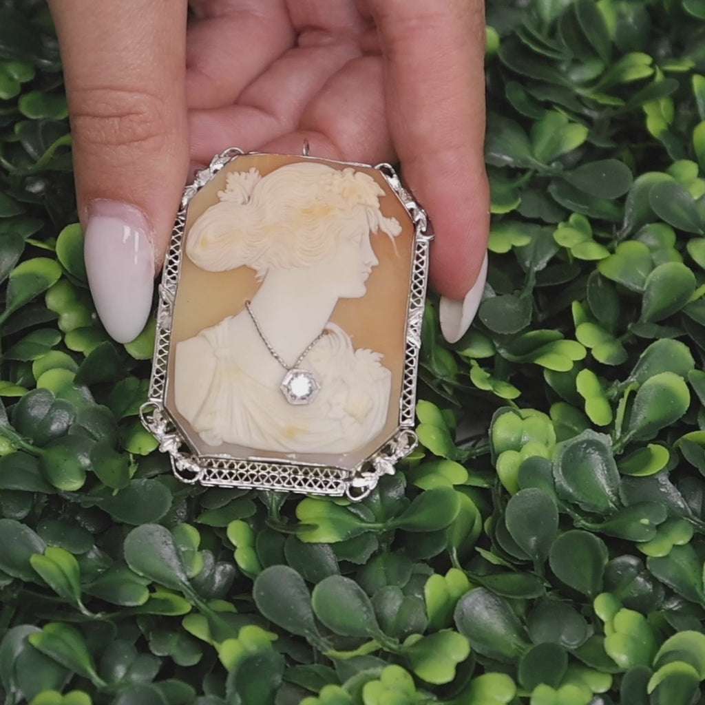 Vintage Large Art Nouveau Diamond Cameo Brooch Pin White Gold 2.25" Ladies