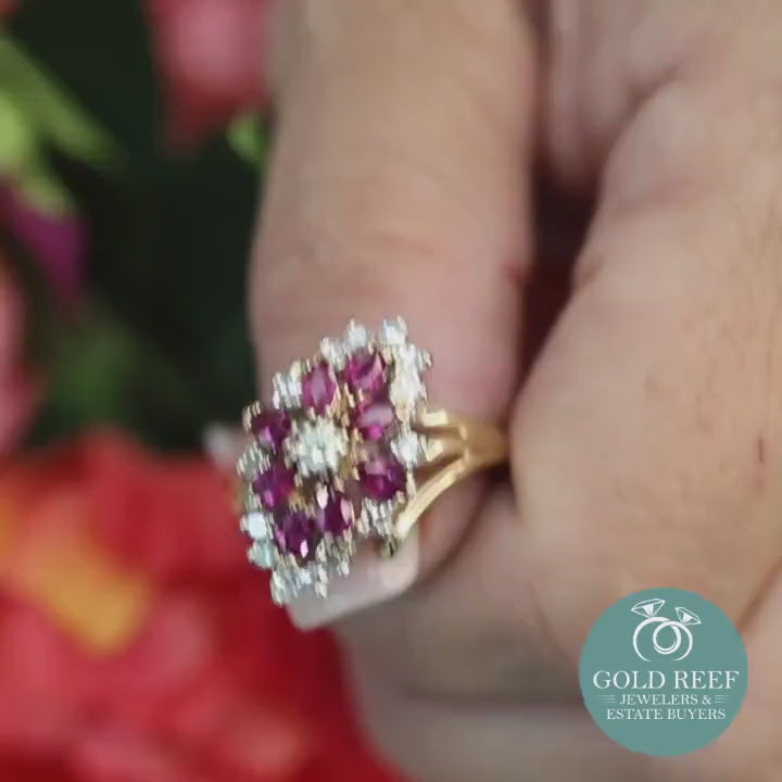 Ruby Diamond Flower Cocktail Ring Two-Tone Gold 2.15 CTW Size 7.25 Vintage