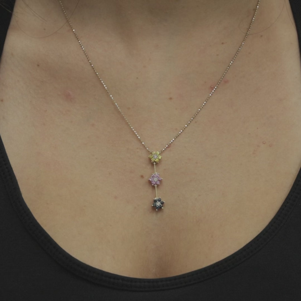 Multi Color Sapphire Diamond Flower Pendant Chain Necklace 14K Gold 0.60 CTW 18"