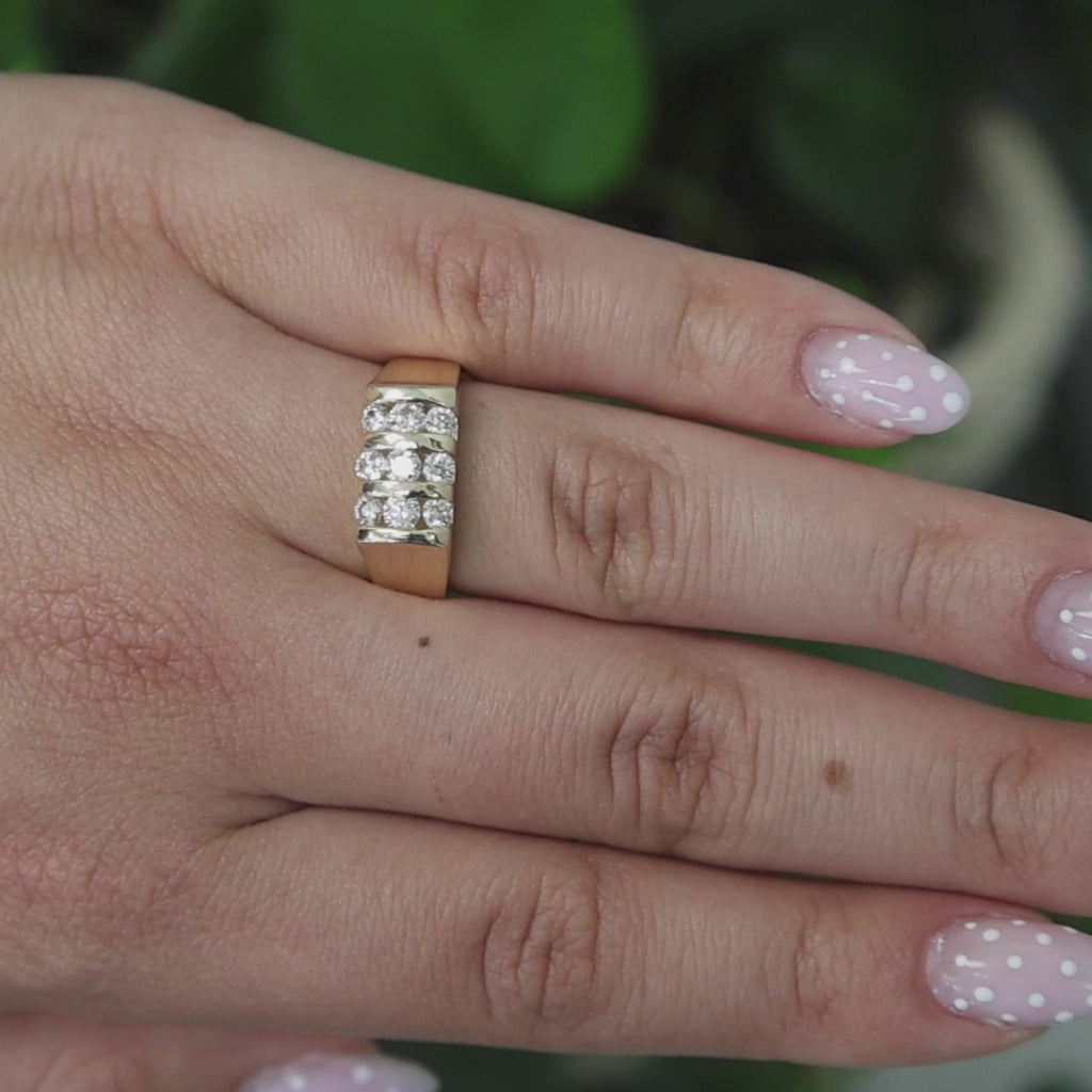 3-Row Diamond Band Ring 14K Yellow Gold 1.00 TW Round Diamonds Size 8.25 Unisex