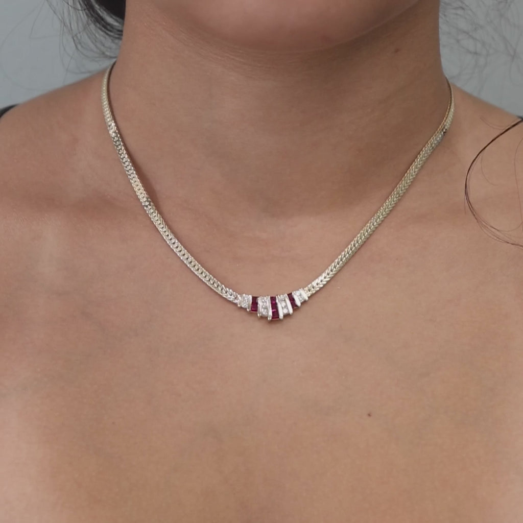 Ruby Diamond Foxtail Chain Necklace 14K Yellow Gold 0.97 CTW 16.25" Estate