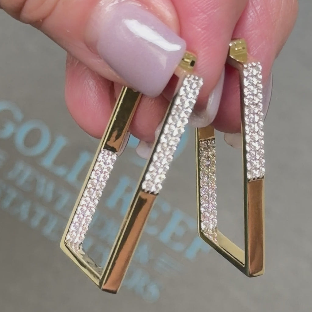 14K Two-Tone Gold Diamond Geometric Rectangle Hoop Earrings 1.25 CTW 13.1g
