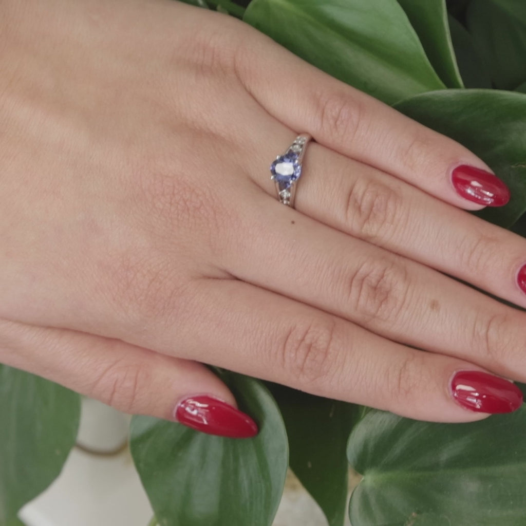 Oval Blue Sapphire Diamond Ring 10K White Gold 1.22 CTW Lab Created Size 6.5