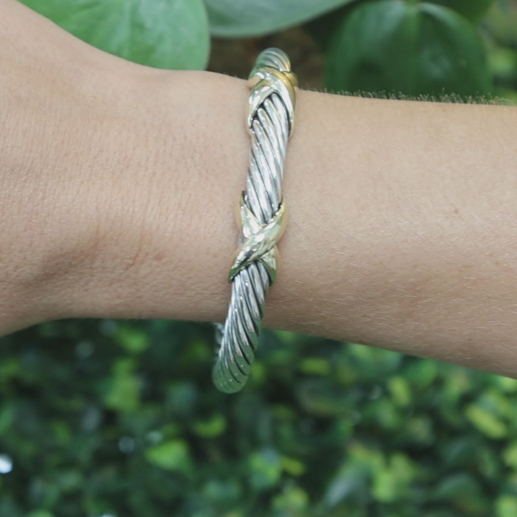David Yurman 14K Gold Sterling Silver Double X Cable Cuff Bracelet 6.75"