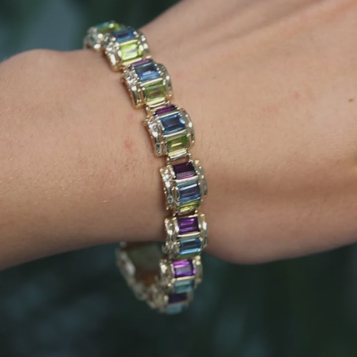 Multi-Gemstone Dome Bracelet 14K Yellow Gold 26.34 CTW Emerald Cut Gems 7.25"