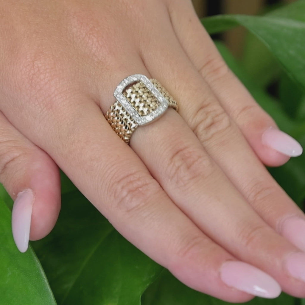 Vintage 14K Two-Tone Gold Natural Diamond Buckle Wide Band Ring 0.18CTW Size 5.5