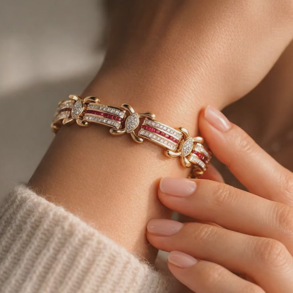 9.61ct Ruby & Diamond Bracelet 14K Two-Tone Gold 8" Wide Baguette Estate