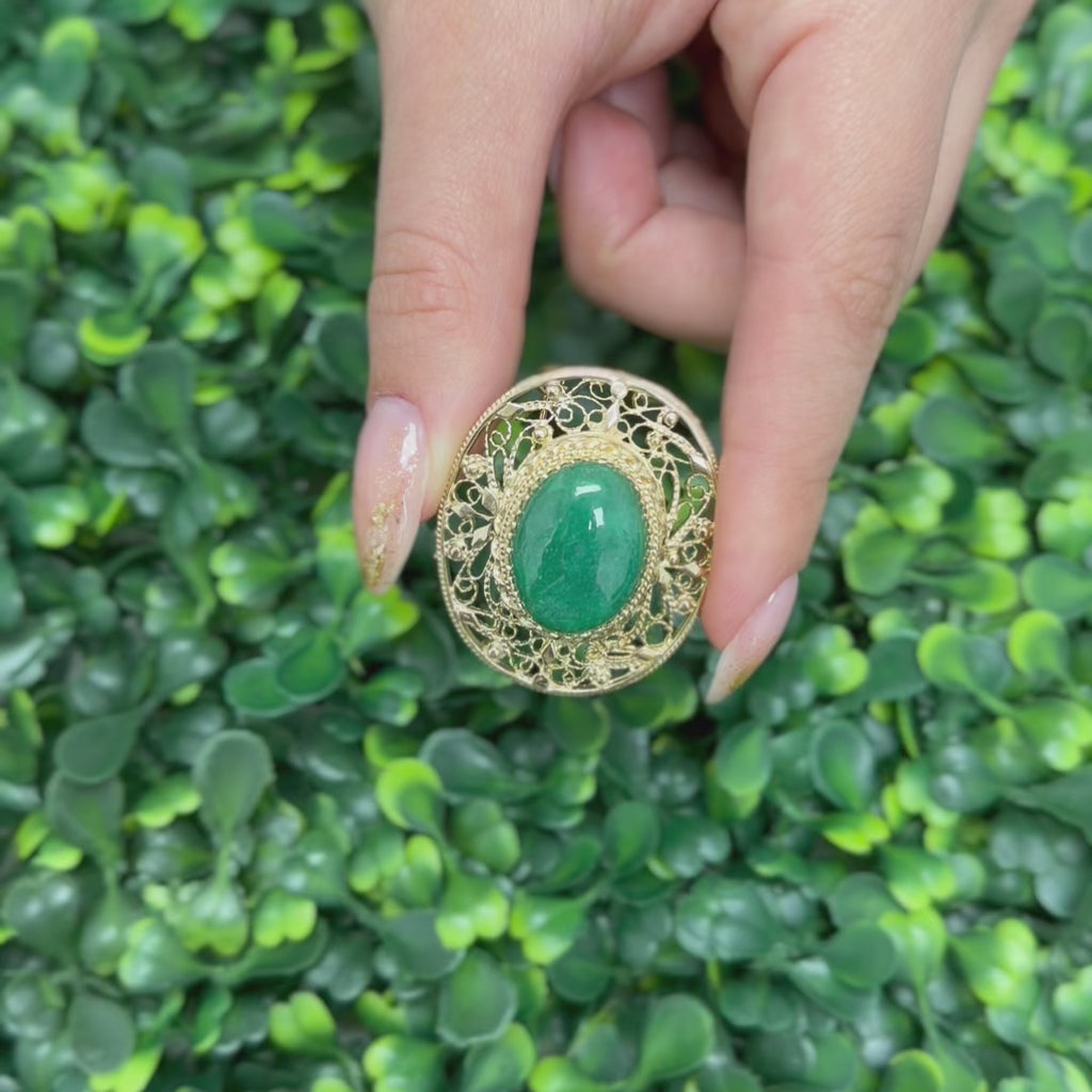 Vintage Oval Aventurine Quartz Brooch Pin Pendant Filigree Yellow Gold 1.50"