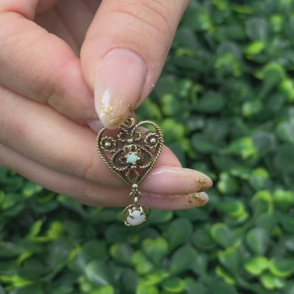 Vintage Opal Heart Drop Pendant Filigree Yellow Gold Rope Design 1.55" Ladies