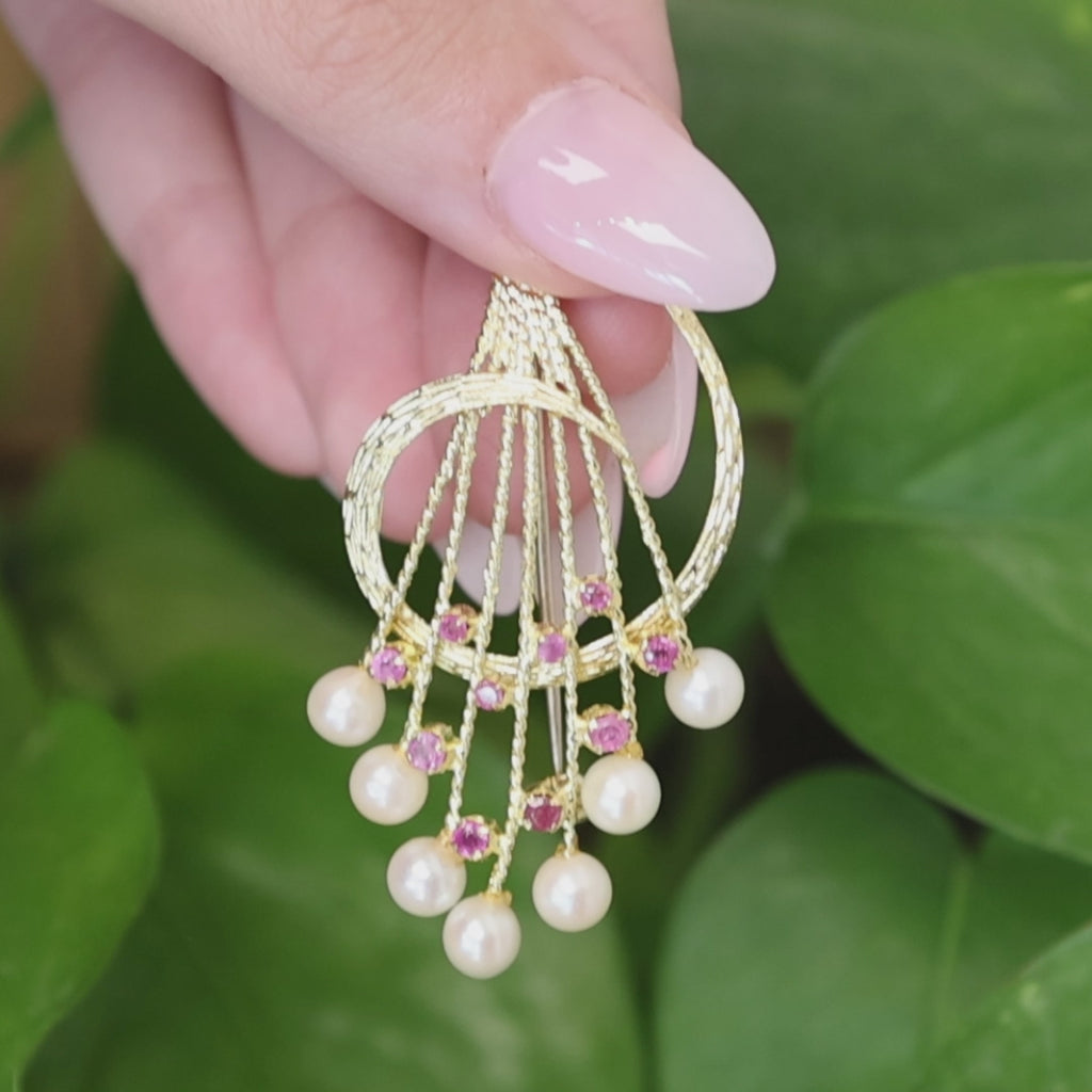 Ruby Freshwater Pearl Floral Bouquet Brooch Pin 18K Yellow Gold 608AL