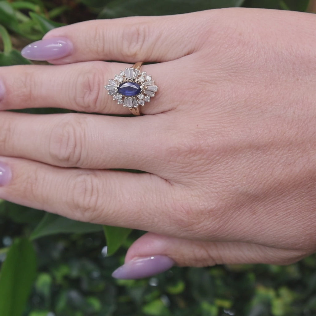 Natural Blue Sapphire Halo Diamond Cluster Ring 14K Yellow Gold 1.40CTW Size 5.5