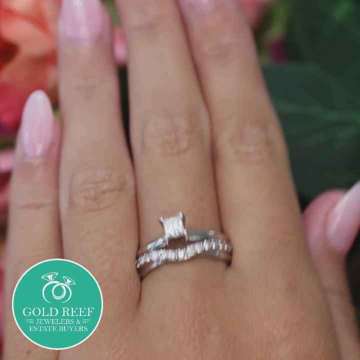 0.65 TW Princess Cut Diamond Accent Wedding Ring Set 14K White Gold Size 6.75