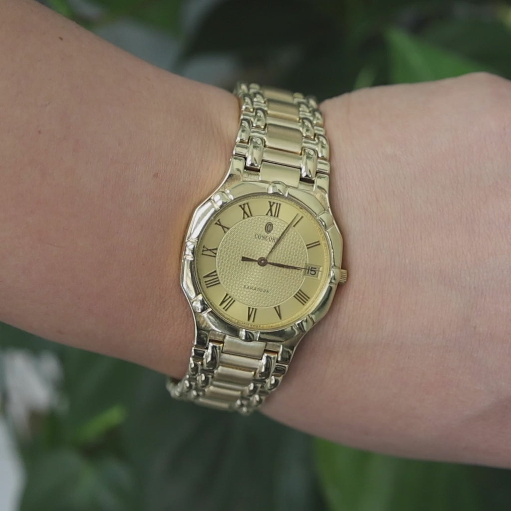 Concord Saratoga Watch 18K Gold Champagne Roman Numeral Dial Quartz 7.25"