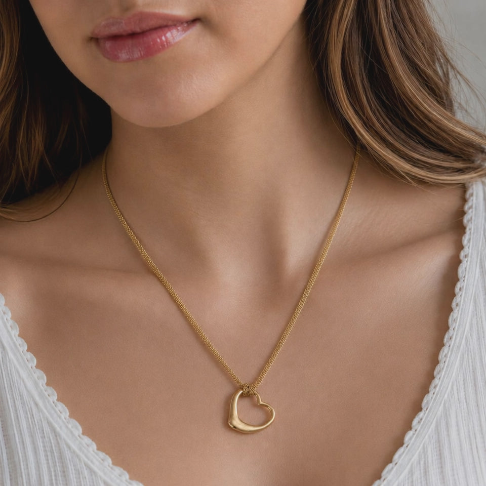 Tiffany & Co. Elsa Peretti Large Open Heart Pendant 18K Gold Mesh 30.5" Necklace