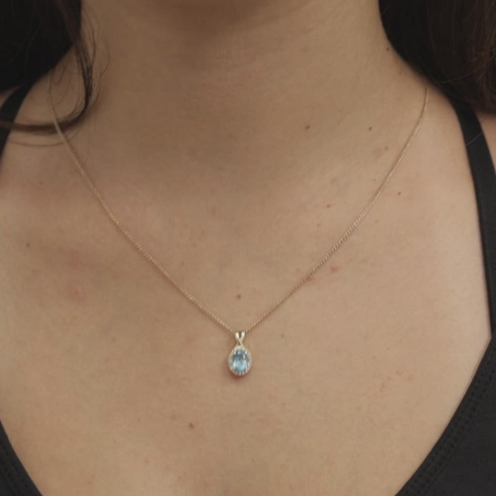 Blue Topaz Diamond Halo Pendant Charm 10K Yellow Gold 1.15 CTW 0.60" Estate