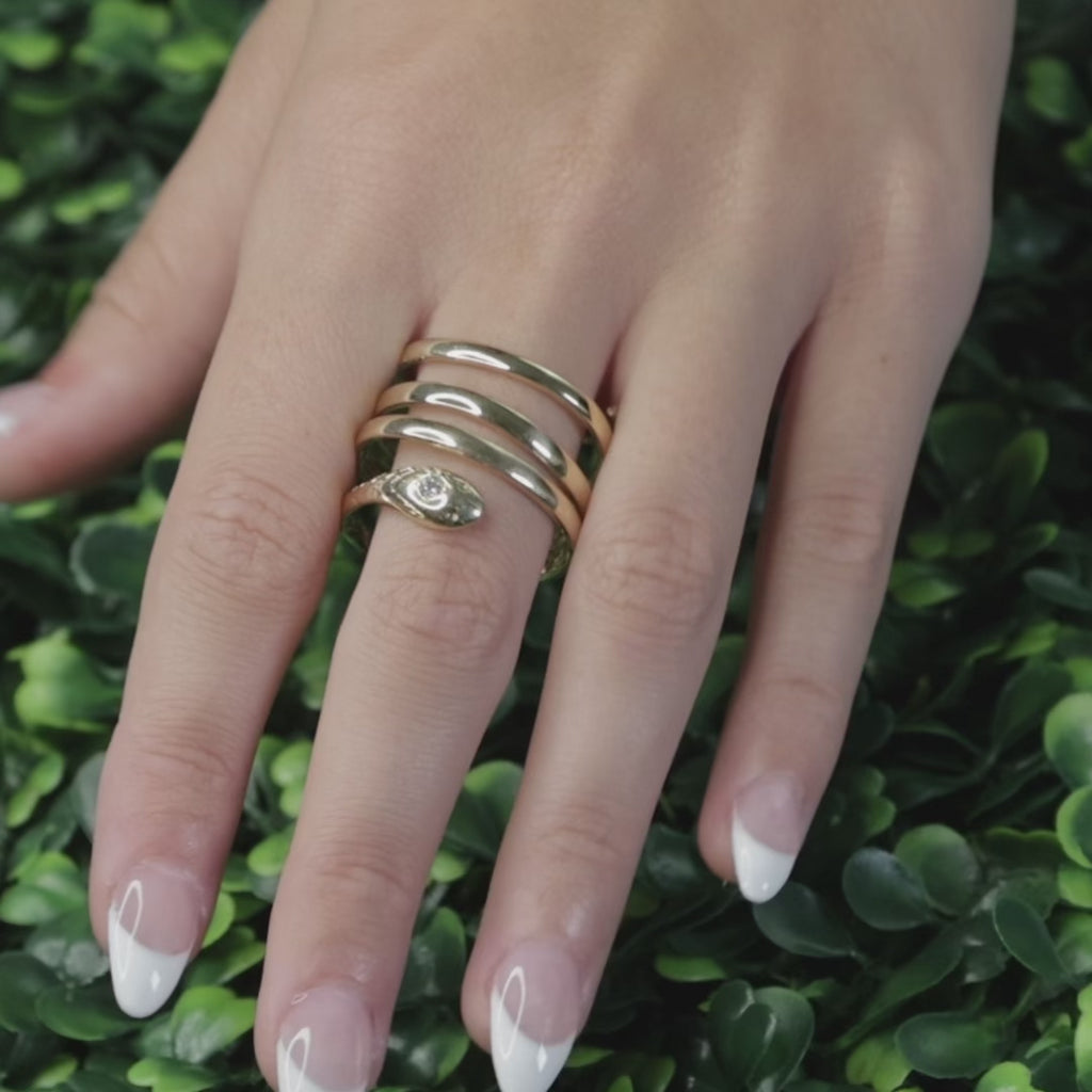 Snake Coil Statement Band Ring Yellow Gold 0.07 CT Diamond Accent Size 8 Ladies