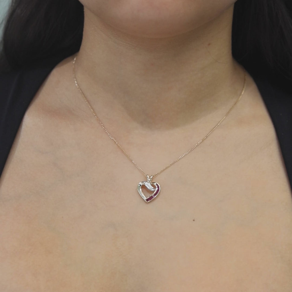 Ruby Diamond Open Heart Pendant Charm 14K Gold 0.31 CTW 0.75" Ladies Estate