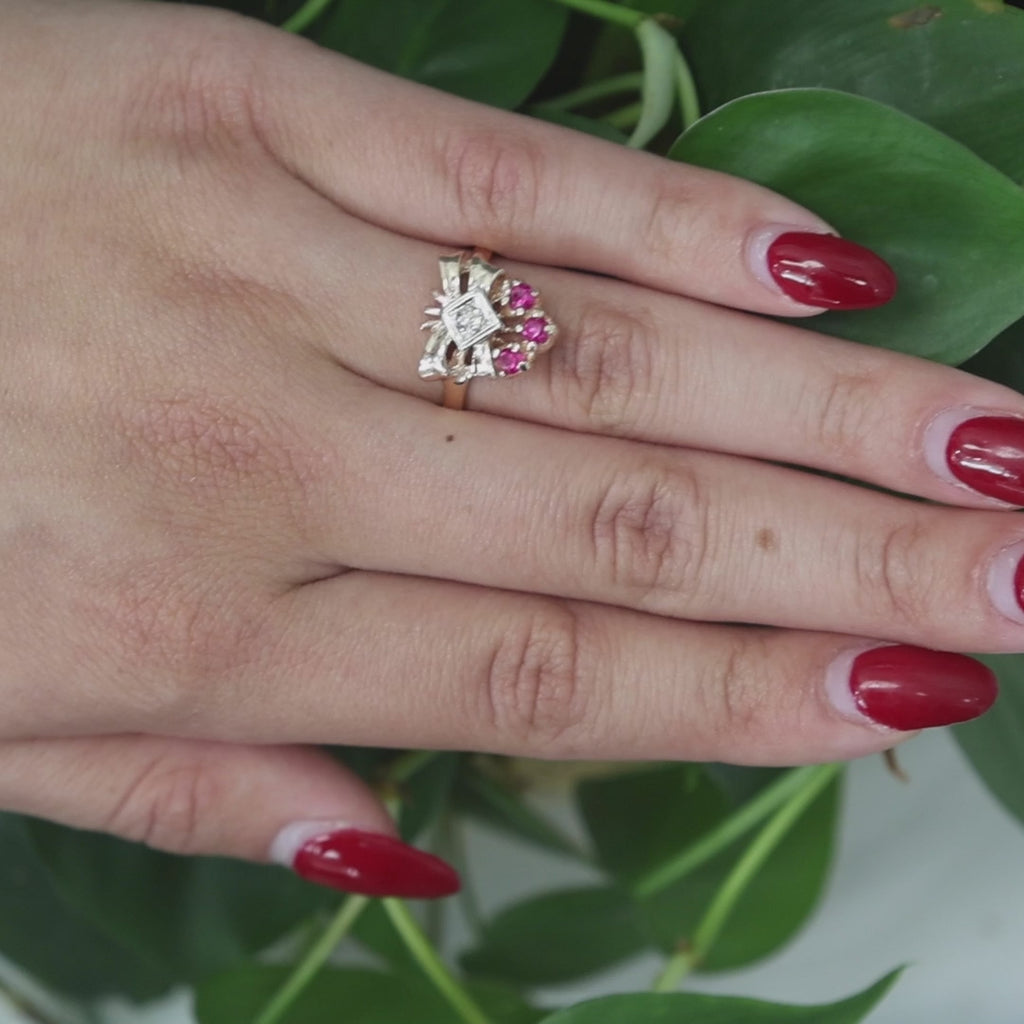 Vintage Diamond Ruby Crown Bow Ring 14K Gold 0.60 CTW Size 7.25 Ladies Estate