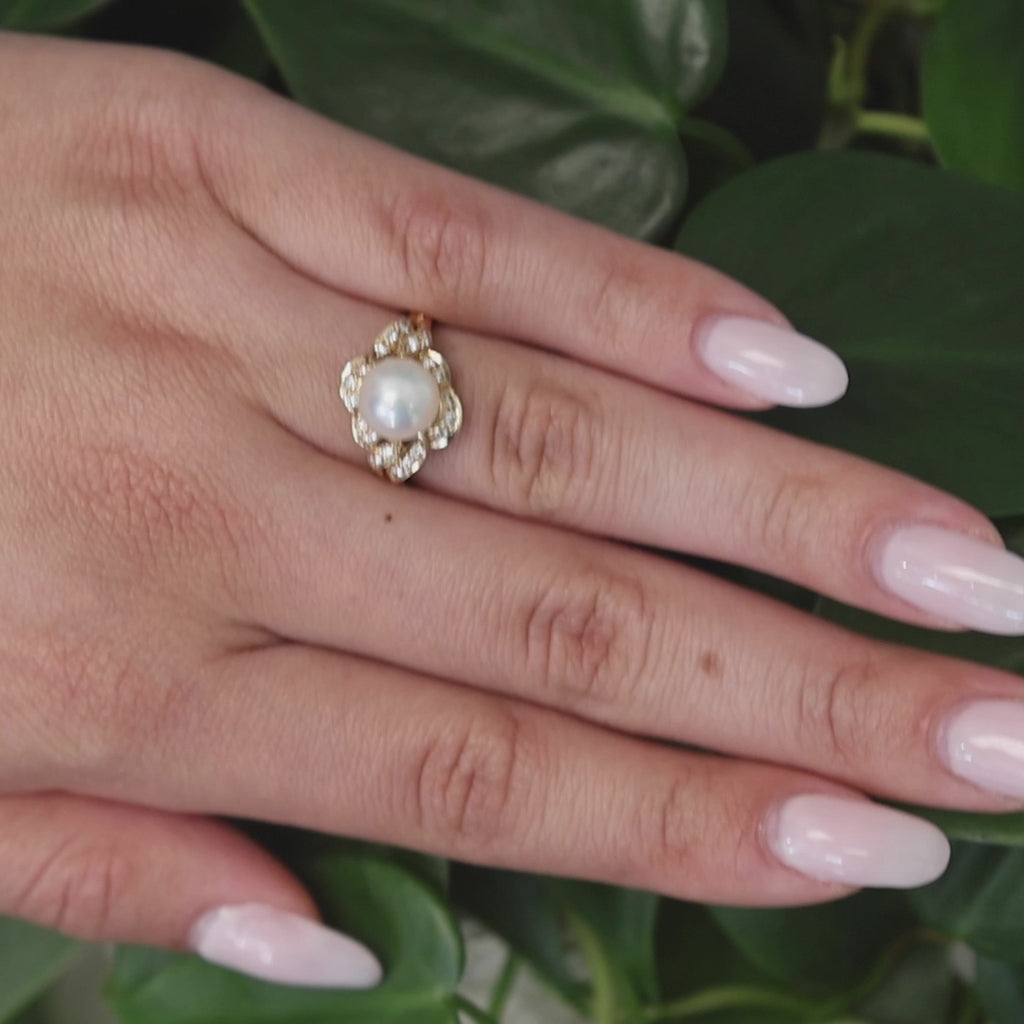Mikimoto Akoya Pearl Diamond Cocktail Ring 18K Yellow Gold Floral Size 6.5