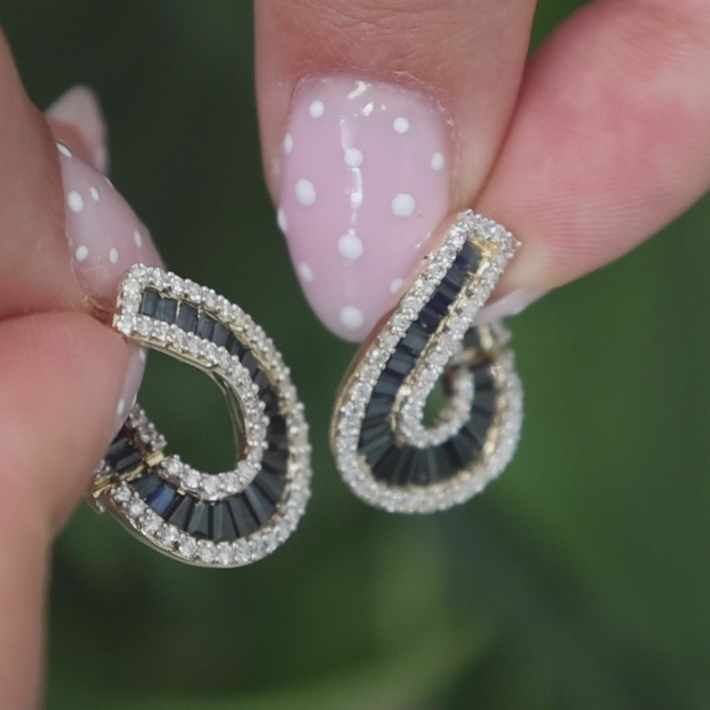 Blue Sapphire Diamond Swirl Drop Earrings  14K Yellow Gold 2.82 CTW 0.70" Ladies