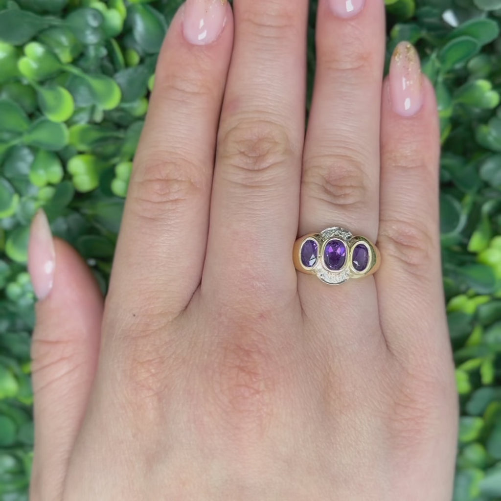 3-Stone Oval Amethyst Diamond Accent Ring 14K Gold 0.94 CTW Size 6 Estate