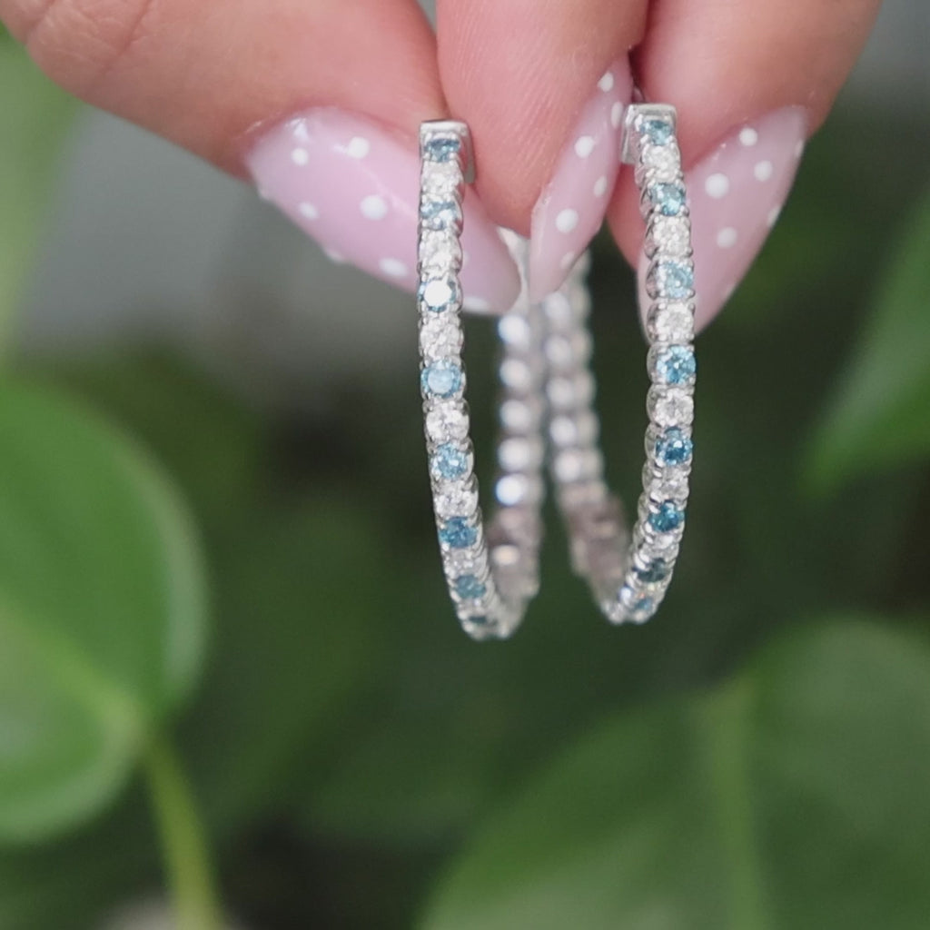 Blue And White Diamond Round Hoop Earrings 14K White Gold 1.40 TW 1.33" Ladies