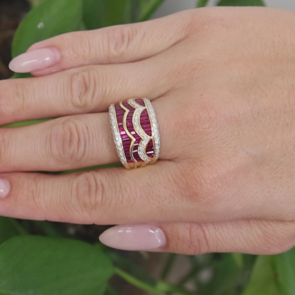 Natural Ruby Diamond Wide Band Ring 18K Yellow Gold 2.75 CTW Size 8.5