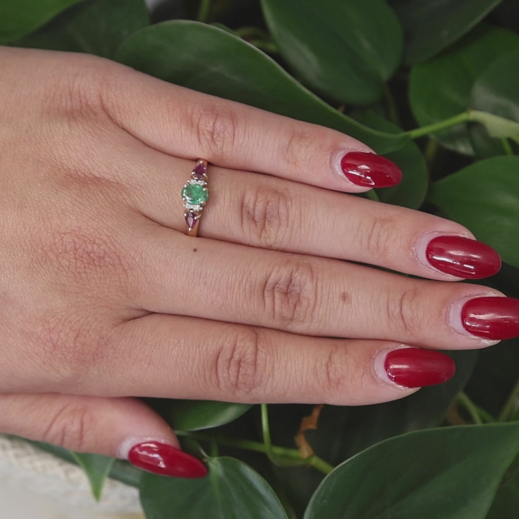 Ruby Emerald Diamond Band Ring 14K Yellow Gold 0.87 CTW Size 7.25 Estate