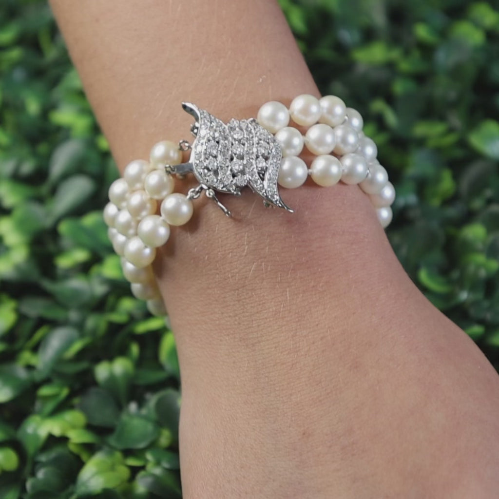 3-Strand Akoya Pearl Diamond Bracelet Brooch Attachment 14K White Gold 1.00TW 7"