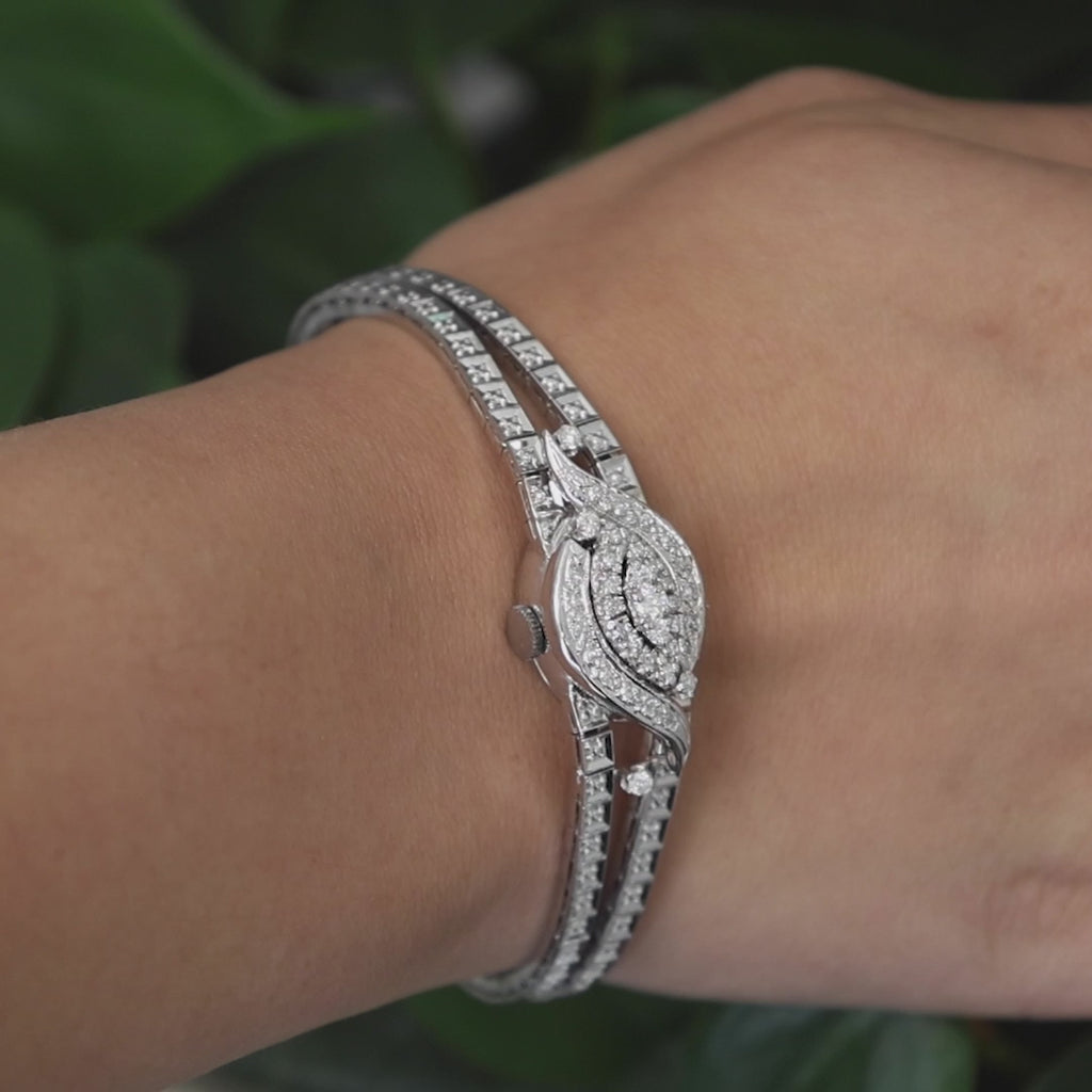 1970s Belvil Diamond Ladies Watch Flip Top Case 14K White Gold 0.70 TW 7.25"