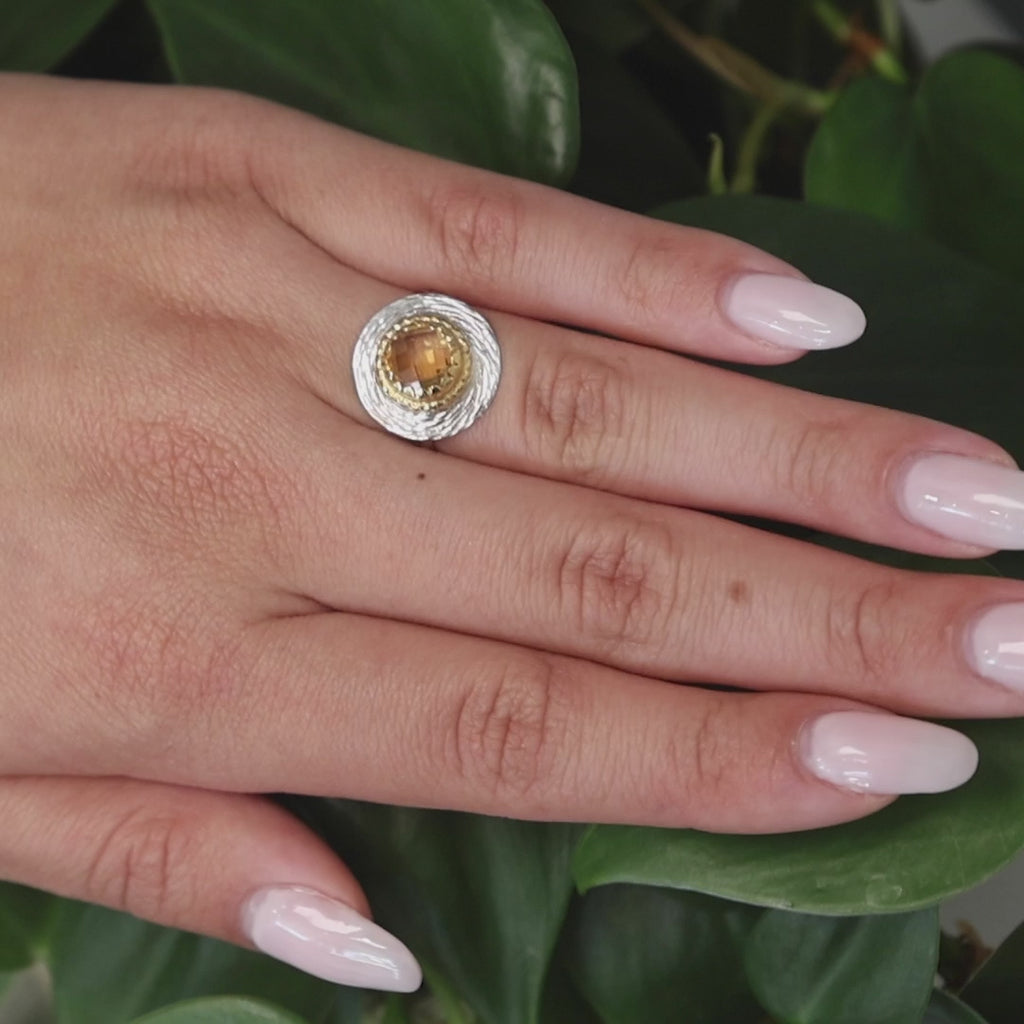 1.75 CT Round Cut Citrine Statement Ring 14K Gold Size 6 Ladies Estate