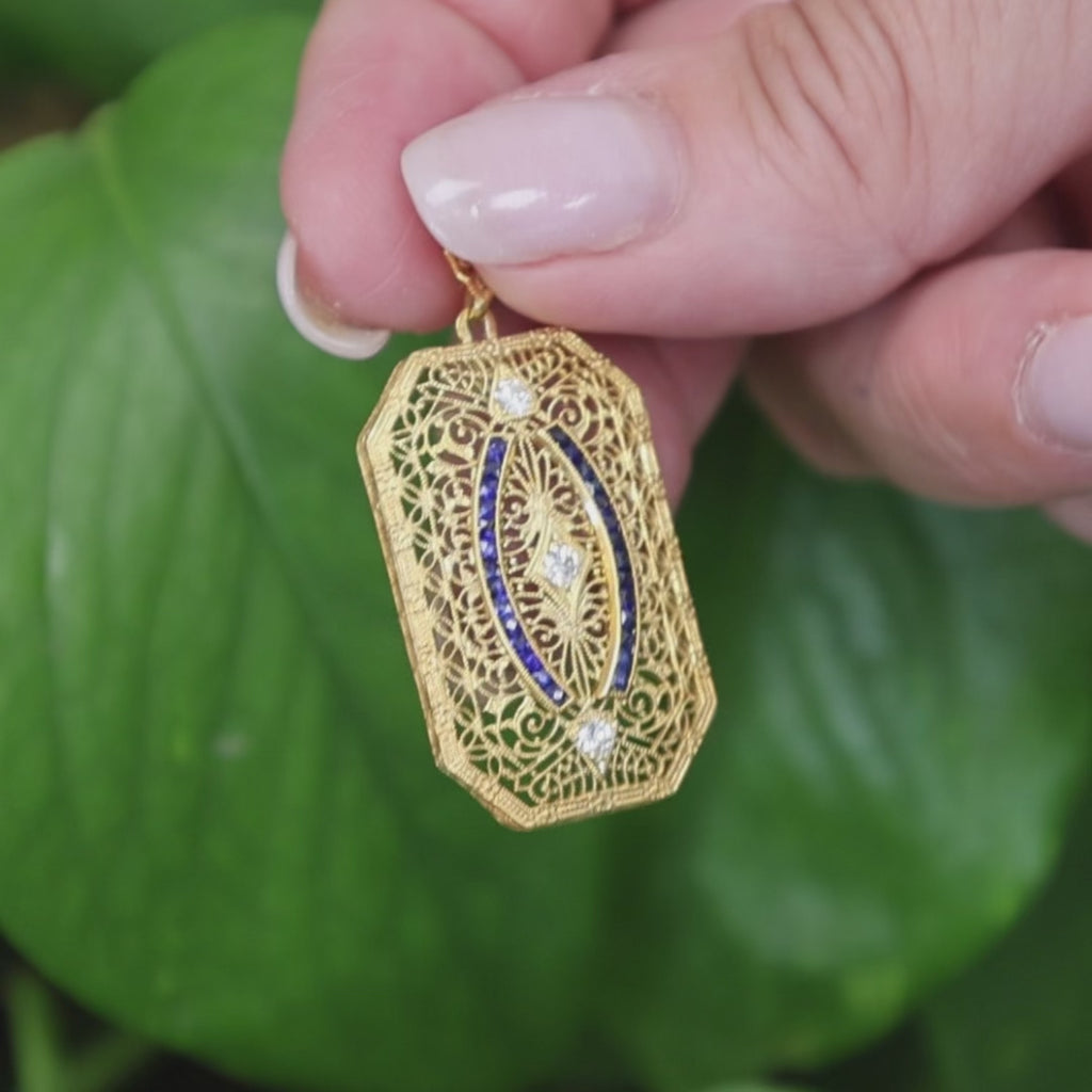 Vintage Yellow Gold Platinum Sapphire Diamond Filigree Pendant Art Deco Style