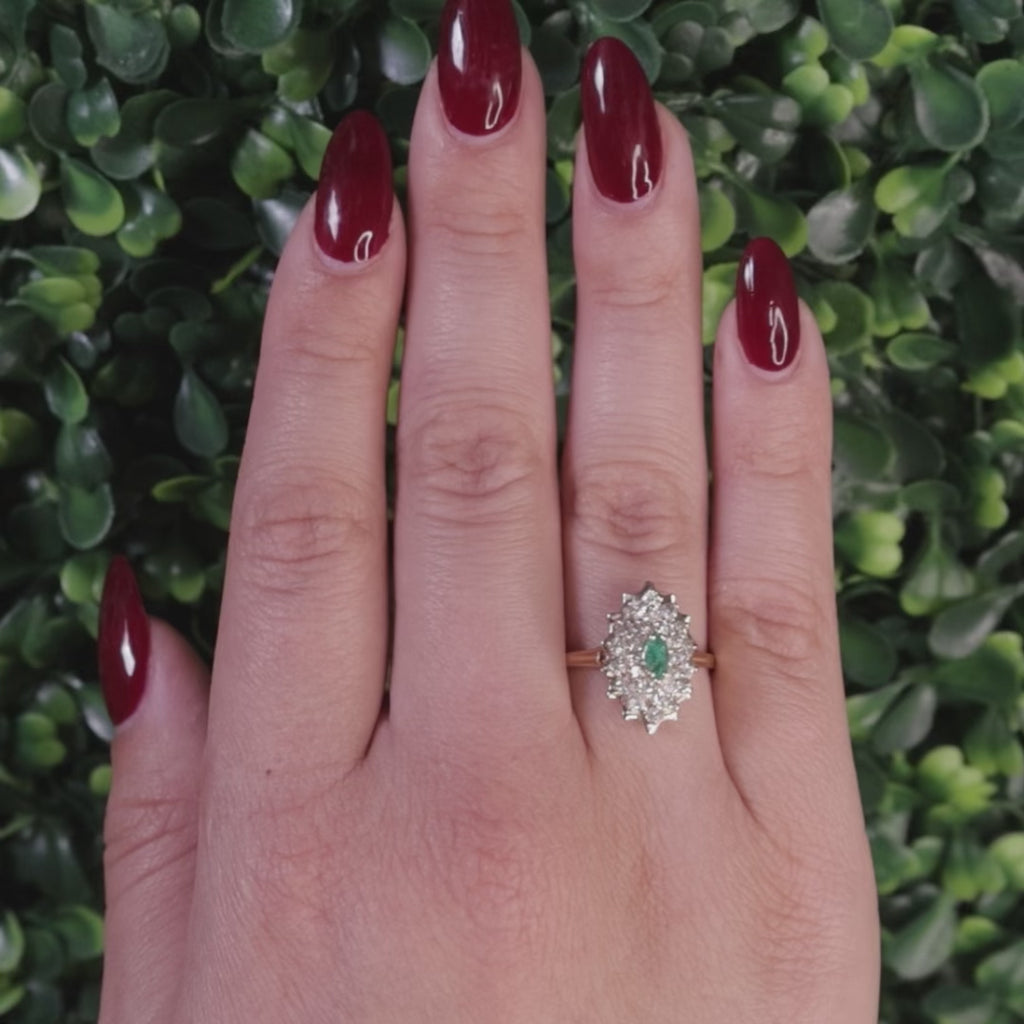 Emerald Diamond Floral Halo Ring 14K Yellow Gold 0.83 CTW Size 7.75 Ladies