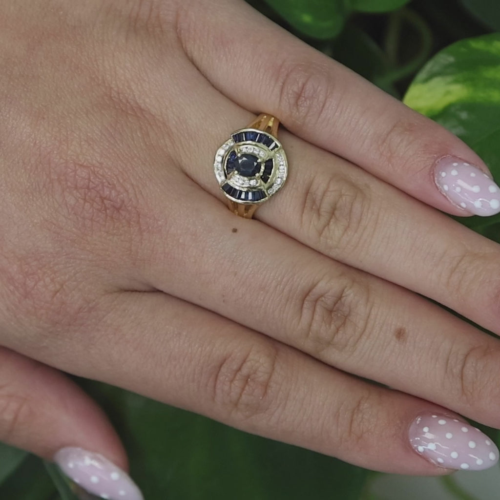 Sapphire Diamond Cocktail Ring 18K Yellow Gold 1.18 CTW Size 7.5 Ladies Estate