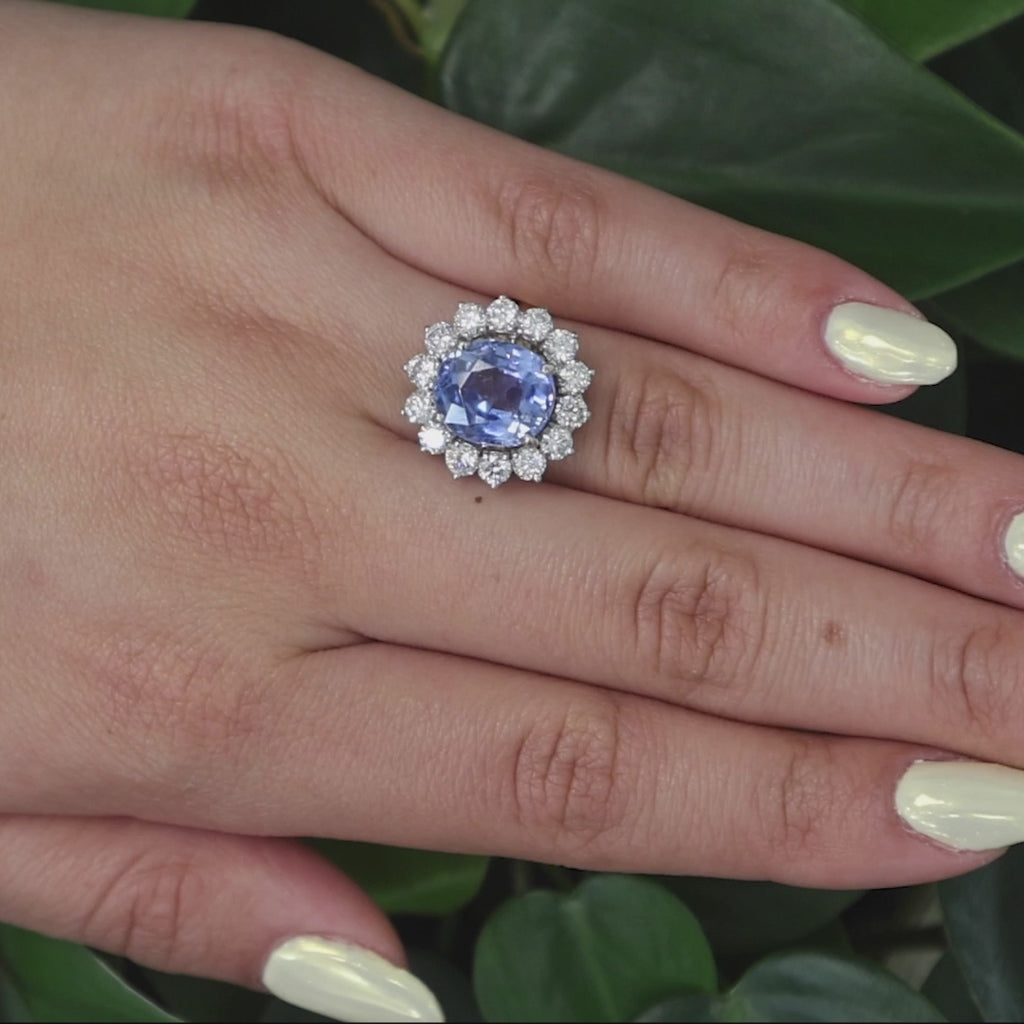 GIA Blue Sapphire Diamond Floral Halo Ring 14K Y/Gold Platinum 10.21 CTW SZ 6.5
