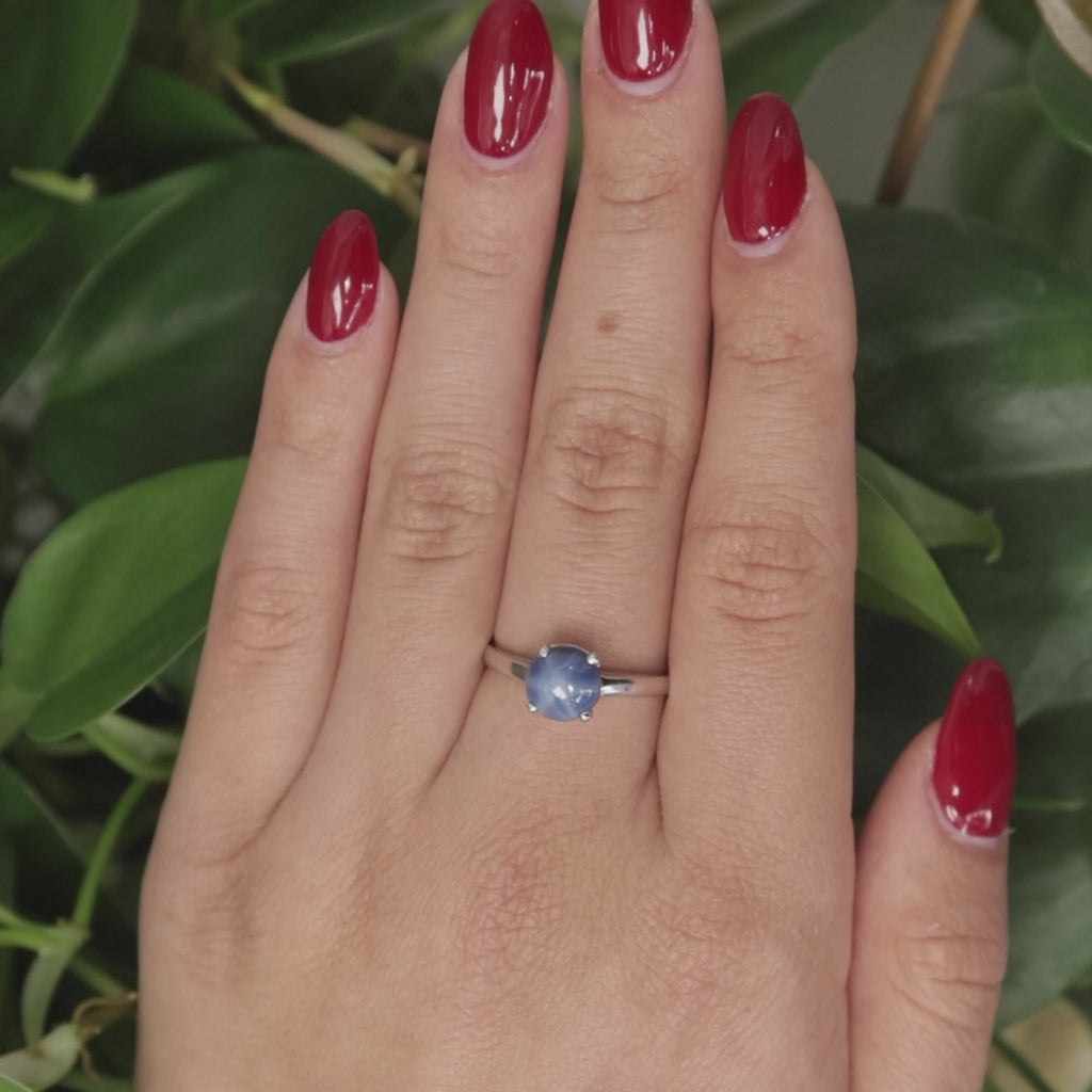 Star Blue Sapphire Solitaire Ring 14K White Gold 2.85 CT Lab Grown Size 9 Estate