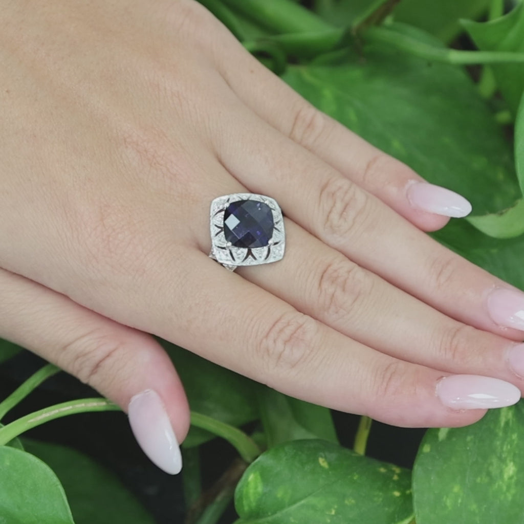10K White Gold 3.70CT Checkerboard Cushion Cut Iolite Diamond Filigree Ring Sz 7