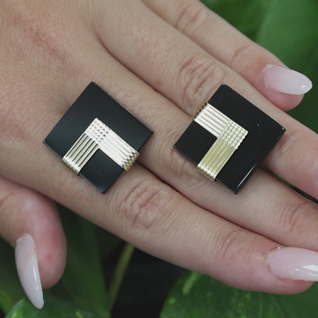 14K Gold Black Onyx Geometric Statement Earrings Vintage Modernist Estate 18mm