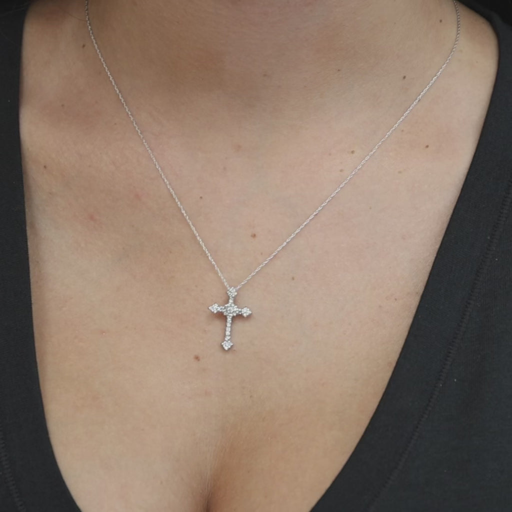 14K White Gold Diamond Cross Pendant Necklace 0.20 CTW Round Brilliant 19" Chain