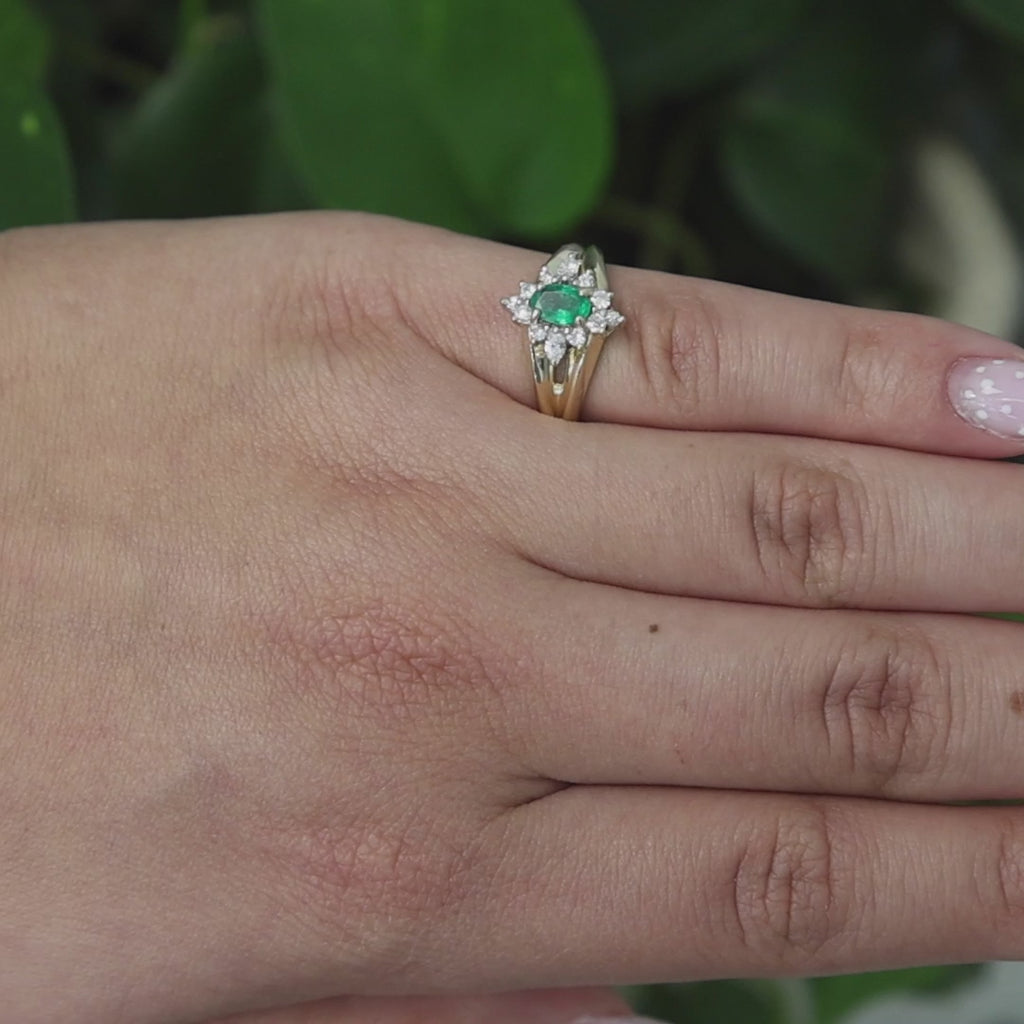 Solitaire Emerald Halo Diamond Cocktail Ring 14K Yellow Gold 0.85 CTW Size 6