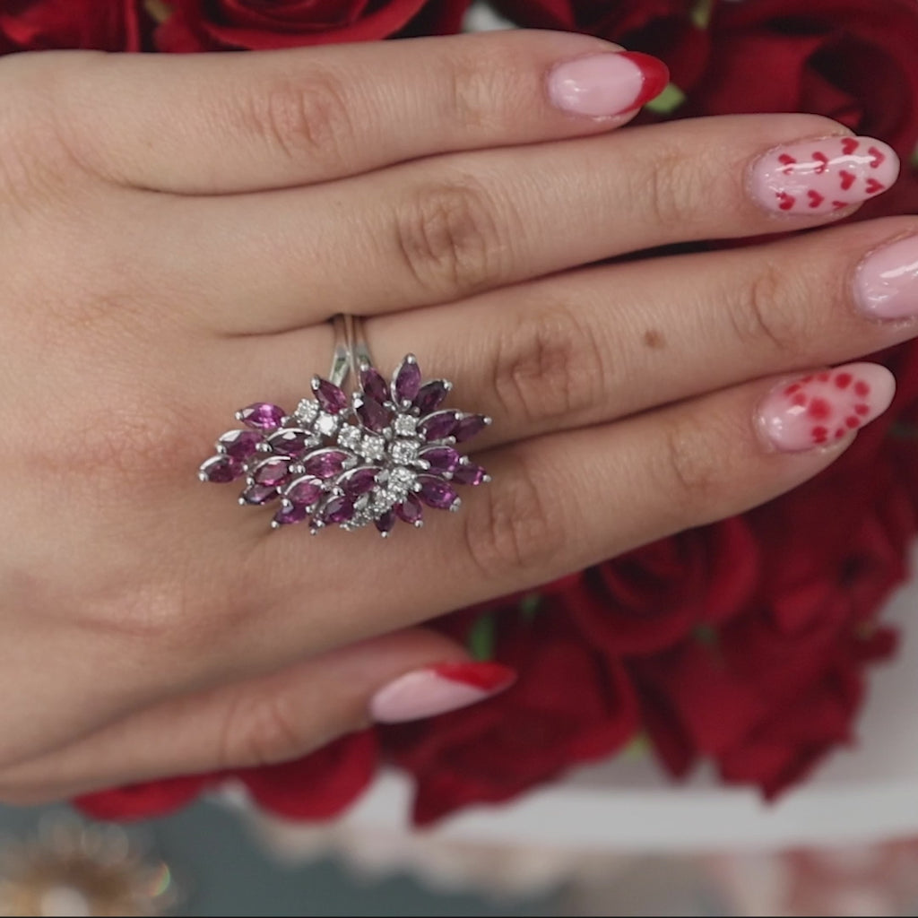 Marquise Ruby Diamond Cascade Full Finger Ring White Gold 8.15 CTW Size 9 Ladies