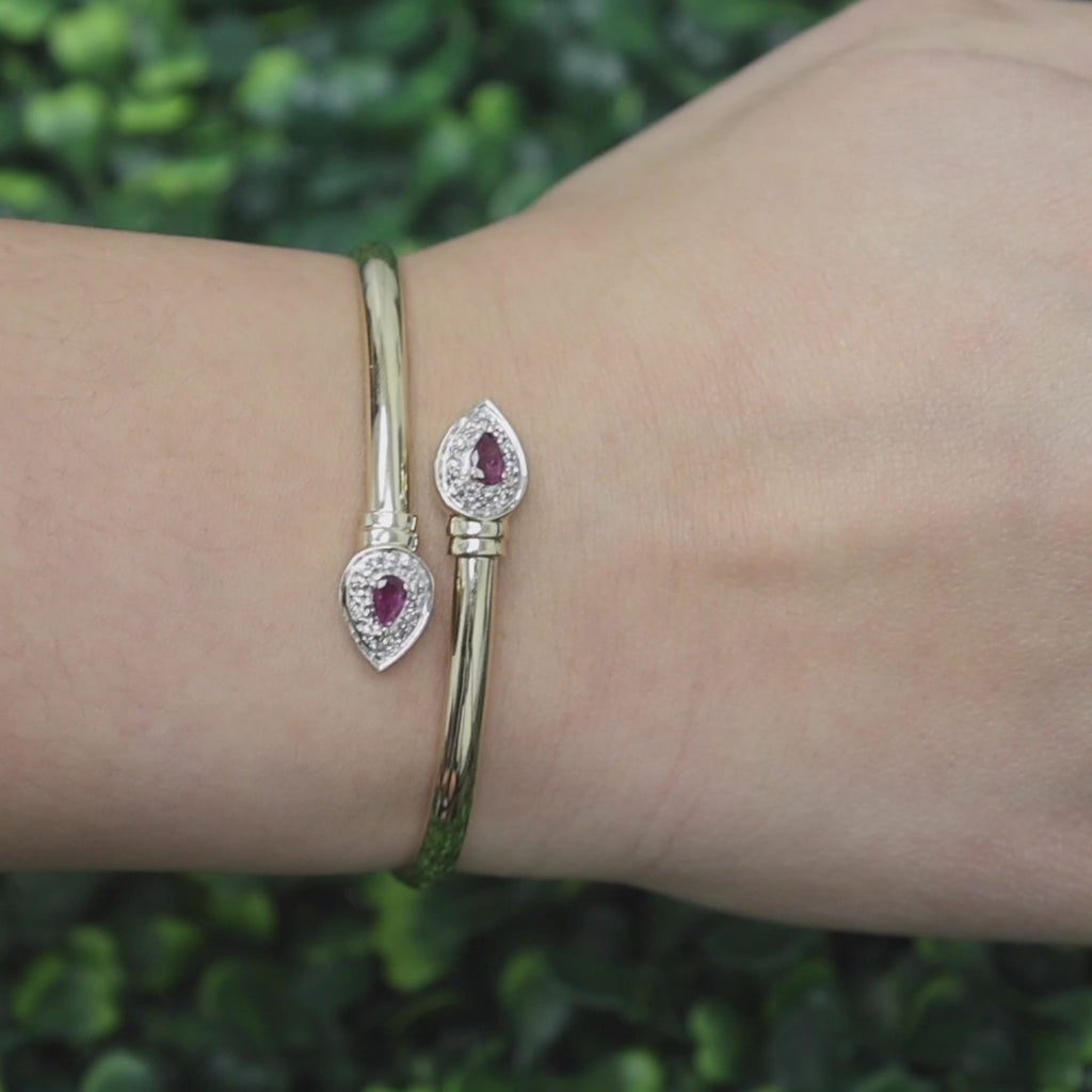 0.70 CTW Ruby Diamond Bypass Bangle Bracelet 14K Gold 6.5" Ladies Vintage Estate