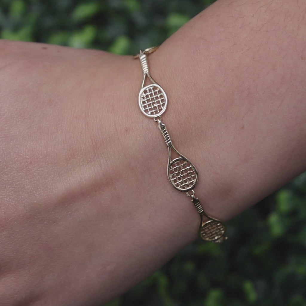 Tennis Racket Charm Link Bracelet 14K Yellow Gold 7.75" Unisex Estate