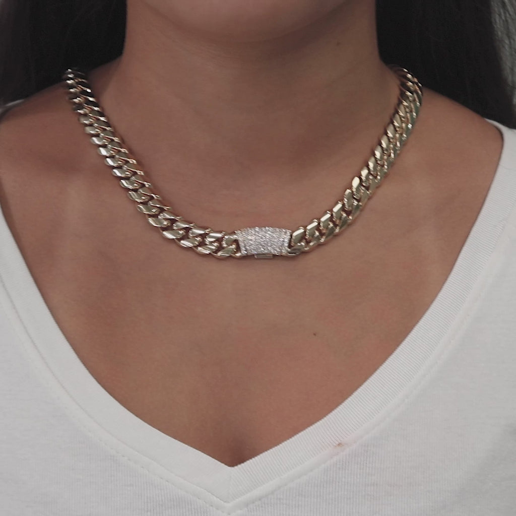 14K Yellow Gold Cuban Link Chain Necklace 1.75 TW Diamond Clasp 20" Unisex