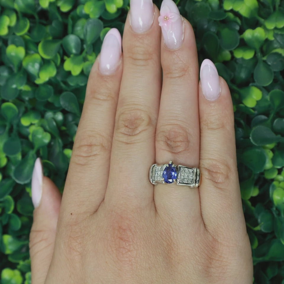 18K Two Tone Gold Tanzanite & Princess Cut Diamond Ring 1.80 CTW Pear Size 6