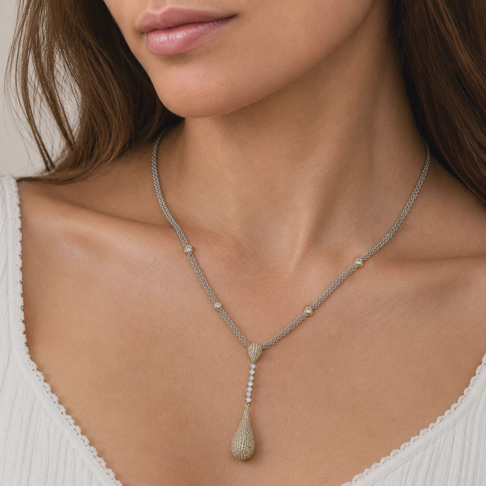 Odelia 18K Two Tone Gold 3.00 CTW Diamond Teardrop Lariat Necklace 16"